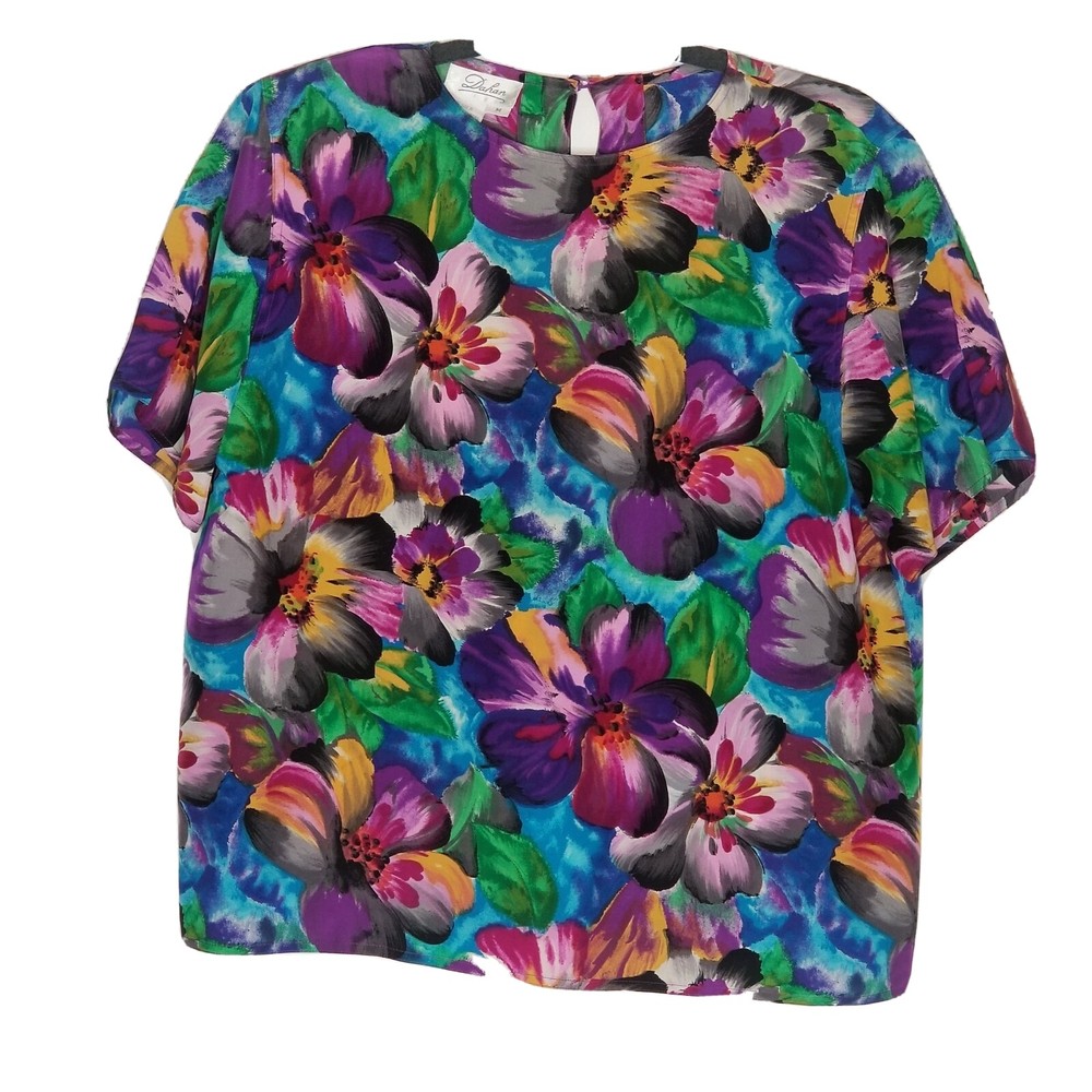 Vintage Women's Dahan 100% Silk  Floral Print Blouse Size Medium