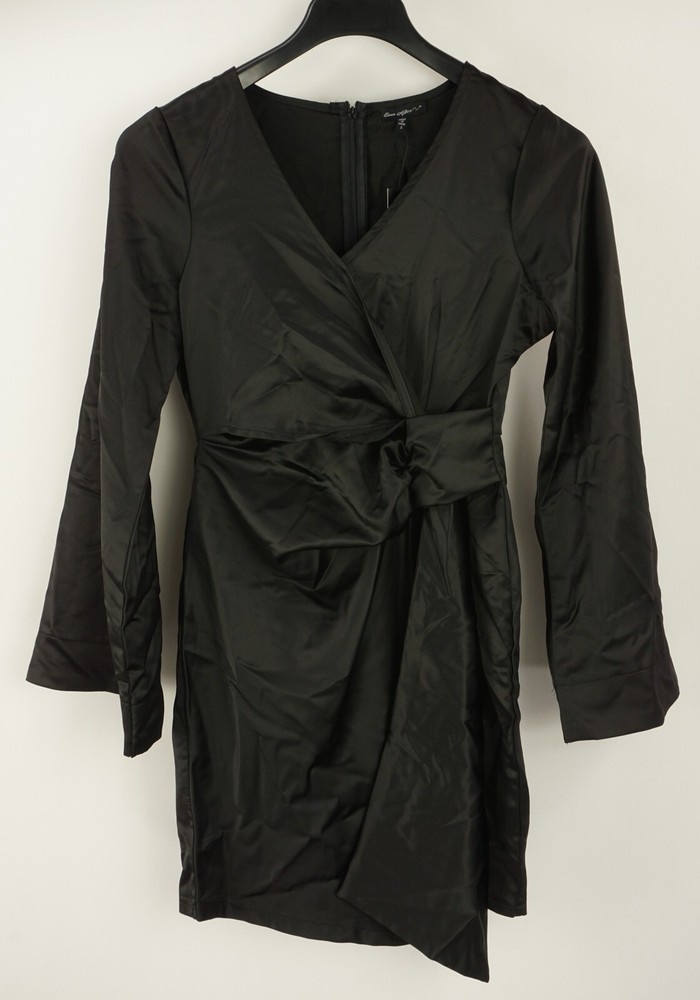 New Ever After Women's S Long Sleeve Black Satin Faux Wrap Tie Waist Mini Dress
