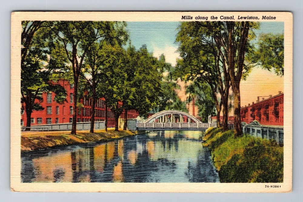 Lewiston ME-Maine, Mills Along The Canal, Antique, Vintage Souvenir Postcard