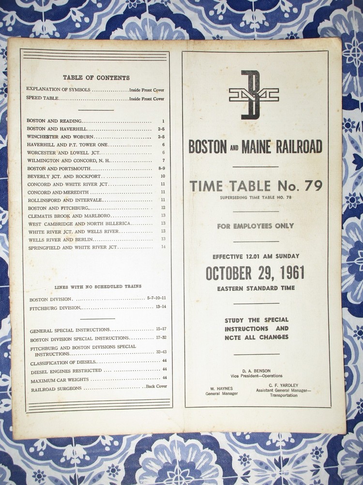 Boston and Maine Railroad Time Table No.79 For 10-29-1961