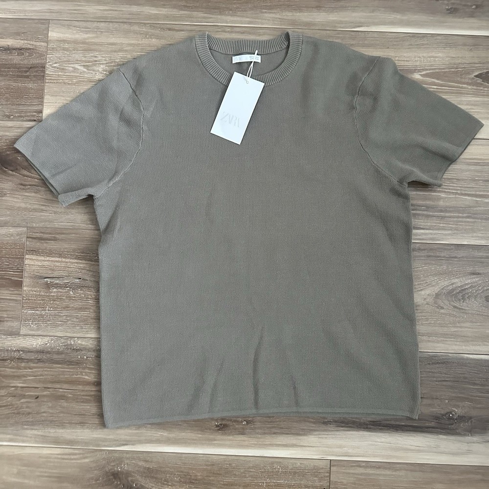 Zara Men's Relaxed Fit Knit T-Shirt Medium Olive Green Ribbed Trim NWT
