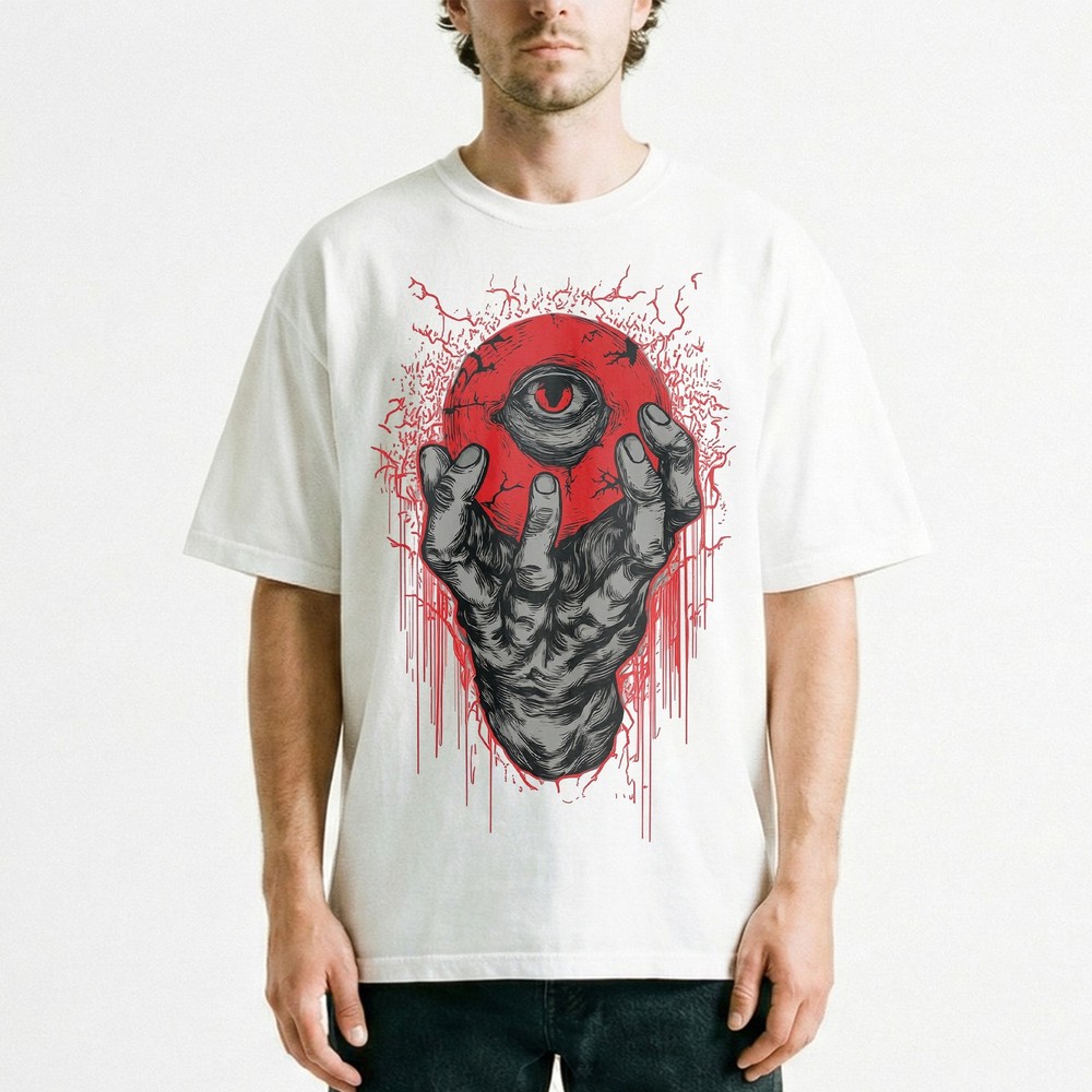 Demon Hand Holding Red Eyeball Horror Dark Gothic T-Shirt Occult Satanic Art Tee
