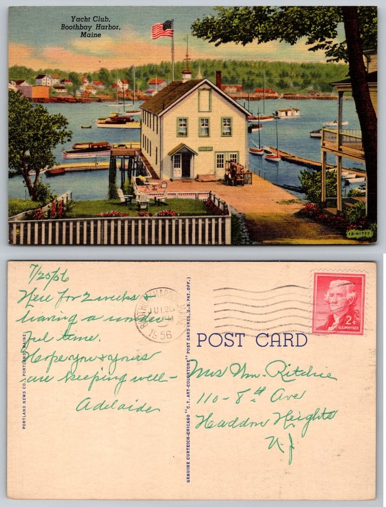 Boothbay Harbor Maine Yacht Club Linen Postcard 1956 Boats Harbor View