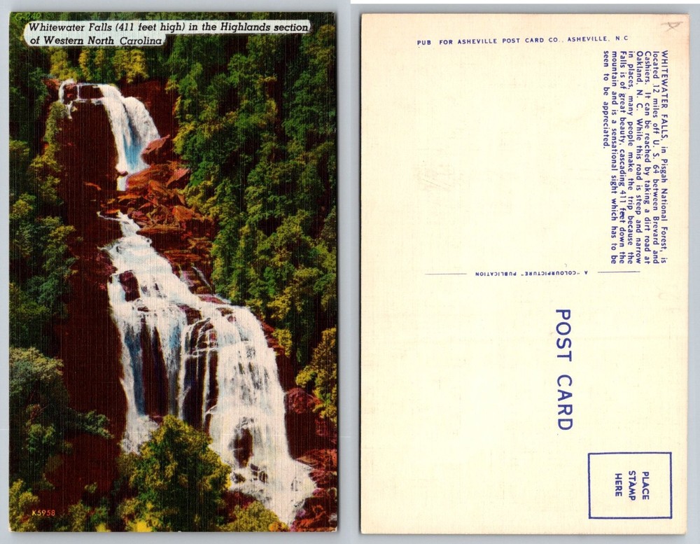 Whitewater Falls NC Linen Postcard Pisgah National Forest Highlands Waterfall