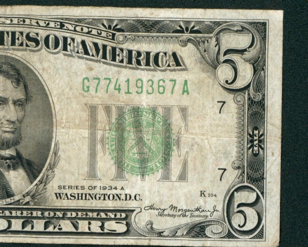 $5 1934 Federal Reserve Note ** PAPER CURRENCY AUCTIONS ** COMBINED SHIPPING