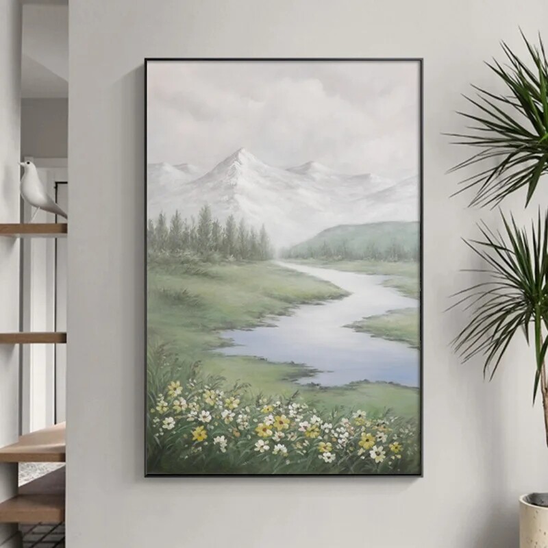 Handmade Painting on Canvas Green Meadow Mountain River Wall Art Large Oil