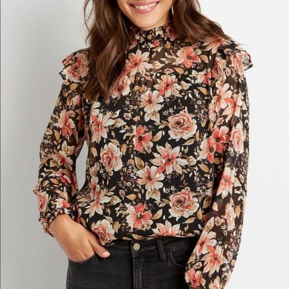 Maurices Women's Black Spring Floral Smocked Neck Top Long Sleeve Blouse Size M