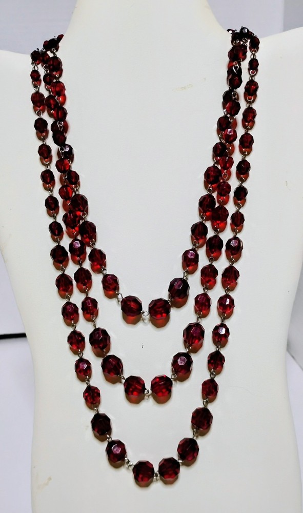 Vintage Triple Strand Ruby Red Plastic Beaded Necklace Silvertone