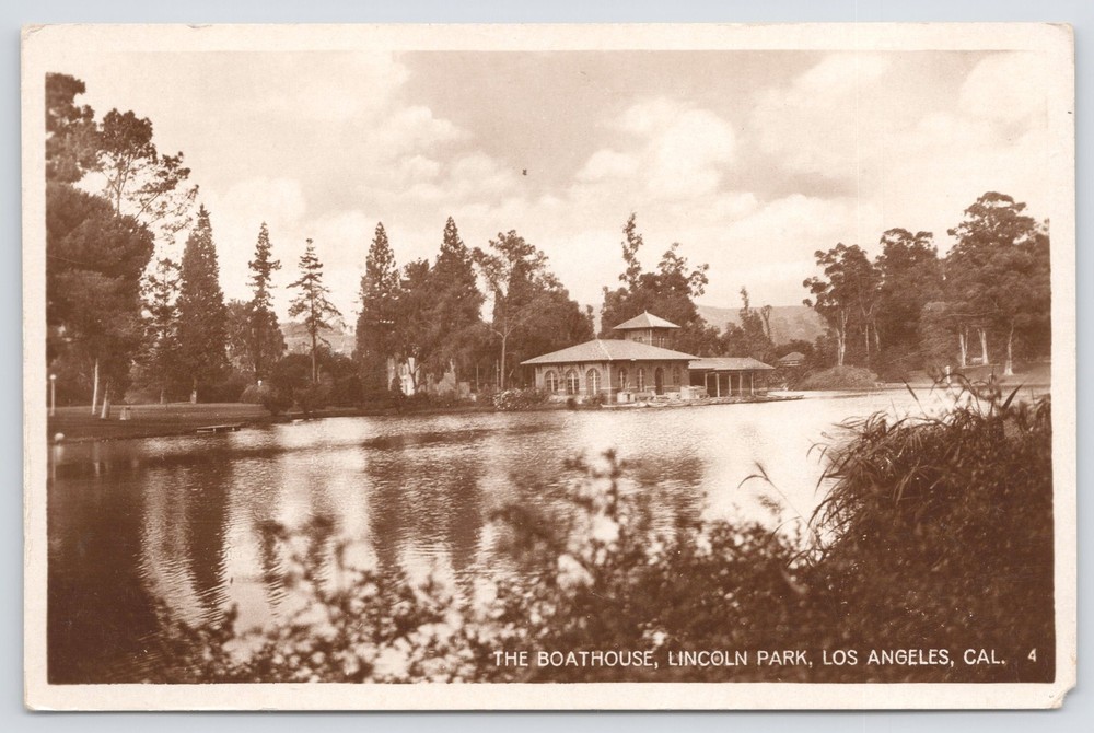 Los Angeles California~The Boathouse~Lincoln Park~Lake~Real Photo Postcard~RPPC