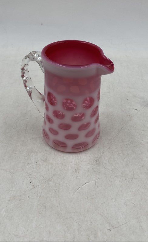 Vintage Cranberry Opalescent Glass Pitcher with Coin Dot Design  