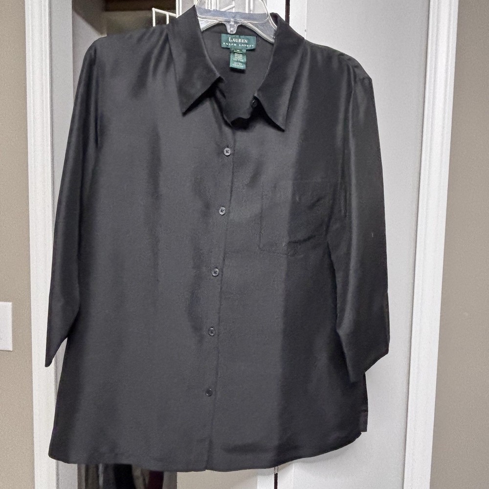 Lauren Ralph Lauren 100% silk blouse women’s 12 black whimsygoth, 3/4 sleeves