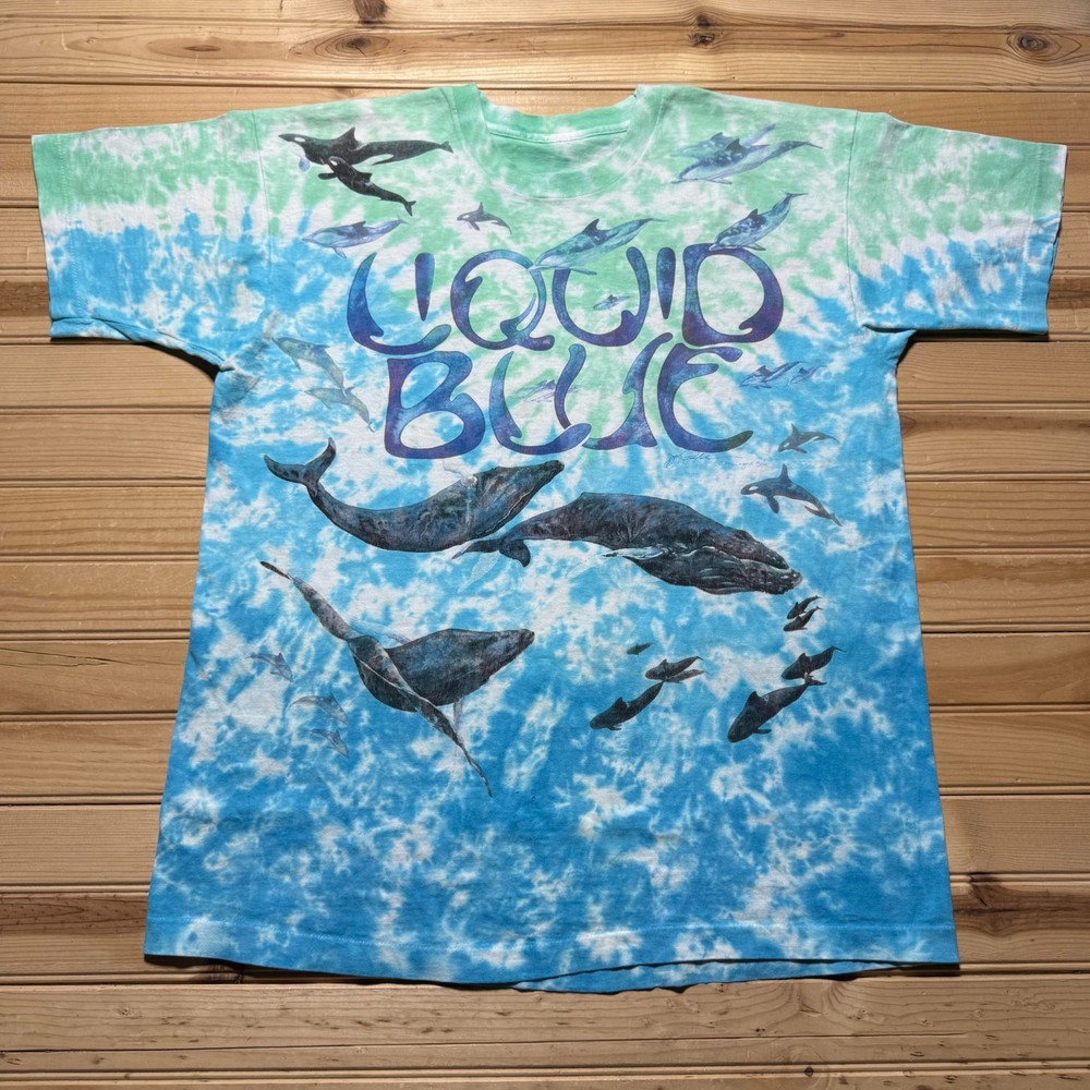 Vintage 1992 Liquid Blue Whale Ocean Aquatic Sea Marine Life Tie Dye Shirt - XL