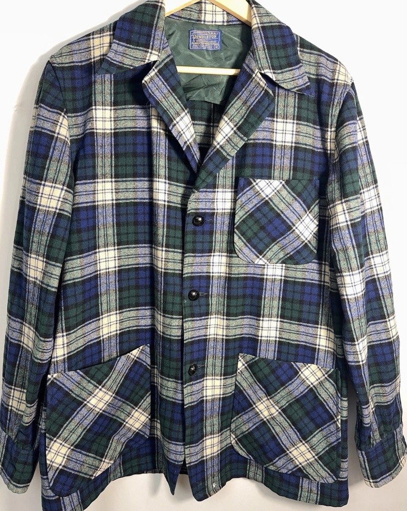 Pendleton Vintage Wool Plaid Chore Jacket Blue Green USA Men’s M