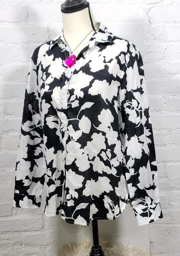 J. Jill Blouse Women’s XS Black White Linen Floral Button Beachy Long Sleeve