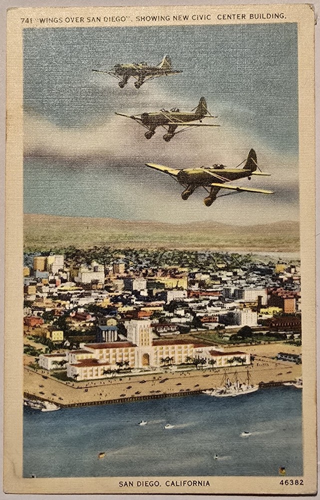 Airplanes Over Civic Center San Diego California Linen Vintage Postcard