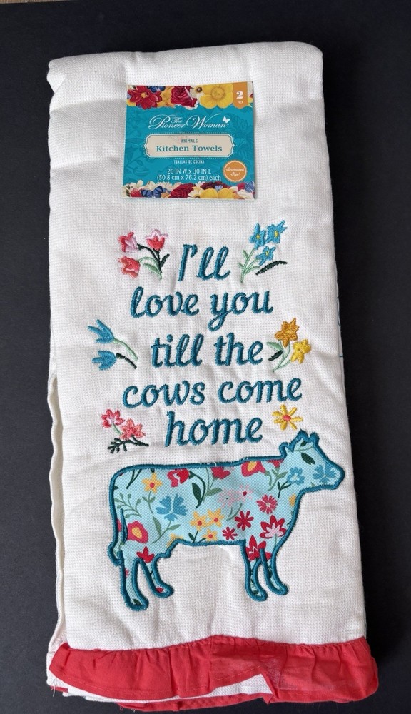 The Pioneer Woman Animals White Cotton Cow Print Embroidered Kitchen Towel Set