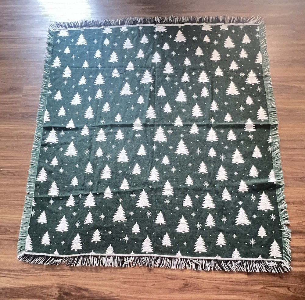 Christmas Tree Tapestry Throw Accent Blanket Green Woven Reversible 58”x52”-image