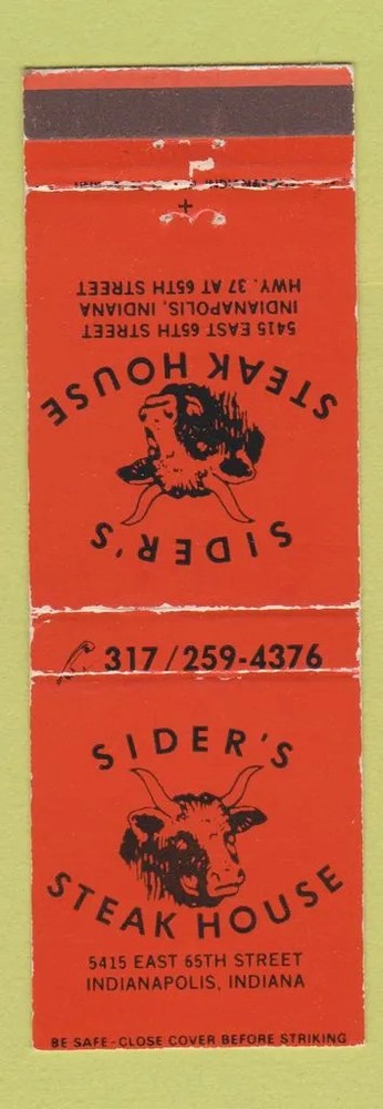 Matchbook Cover - Sider's Steak House Indianapolis IN WEAR
