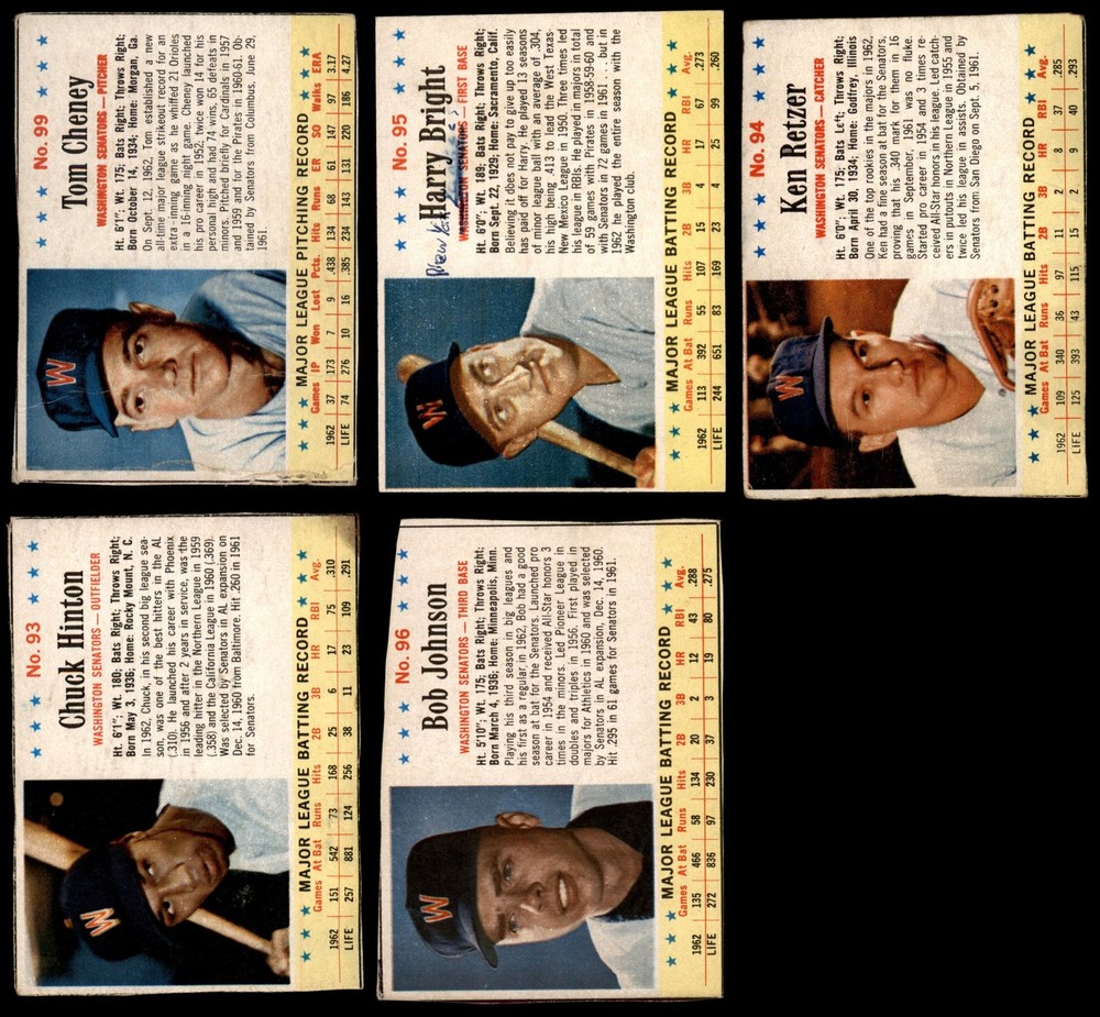 1963 Post Cereal Senators Near Team Set 2 - GOOD 6619280 (5 / 8 cards)