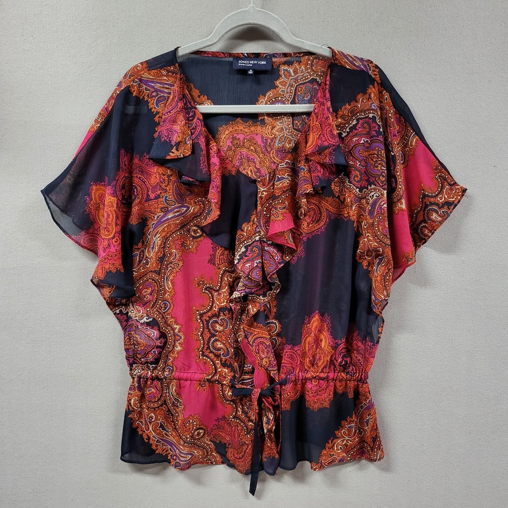 Jones New York Womens Medium Boho Paisley Peasant Blouse Sheer V-Neck Ruffles