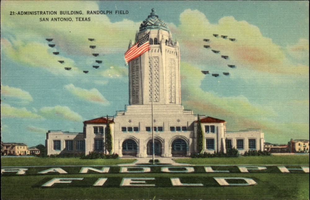 Randolph Field Admin Bldg San Antonio Texas biplane airplanes vtg postcard x550