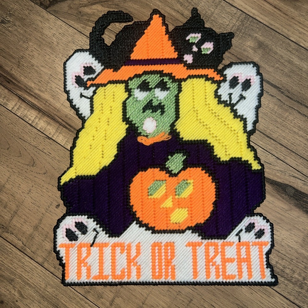 Vintage Plastic Canvas Trick Or Treat Halloween Witch Wall Hanging