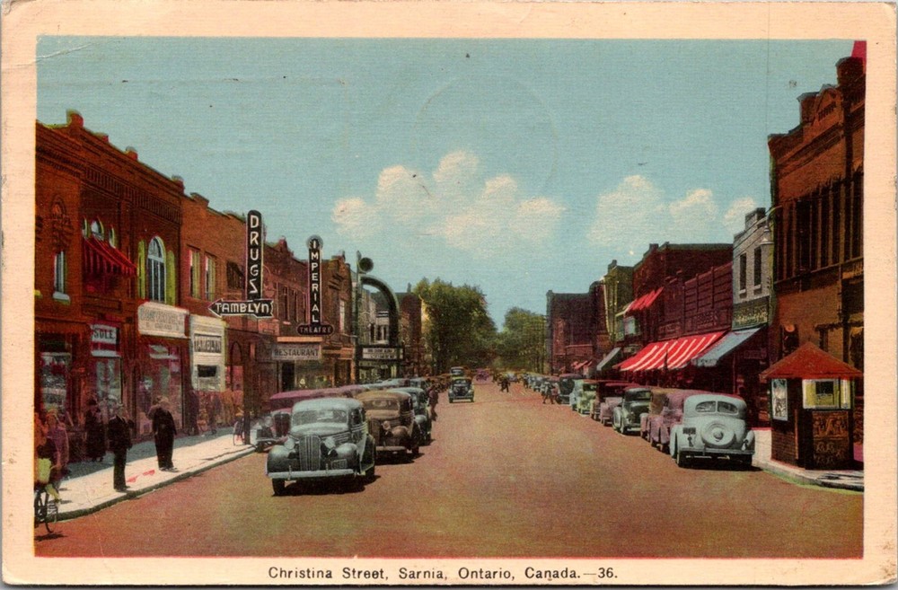 Dr Jim Stamps Postcard Christina Street Sarnia Ontario Canada Street Scene
