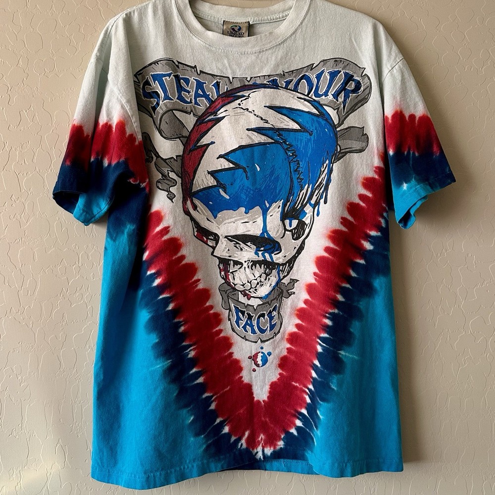 GRATEFUL DEAD Vintage Liquid Blue Tie Dye Steal Your Face Large Red White Blue