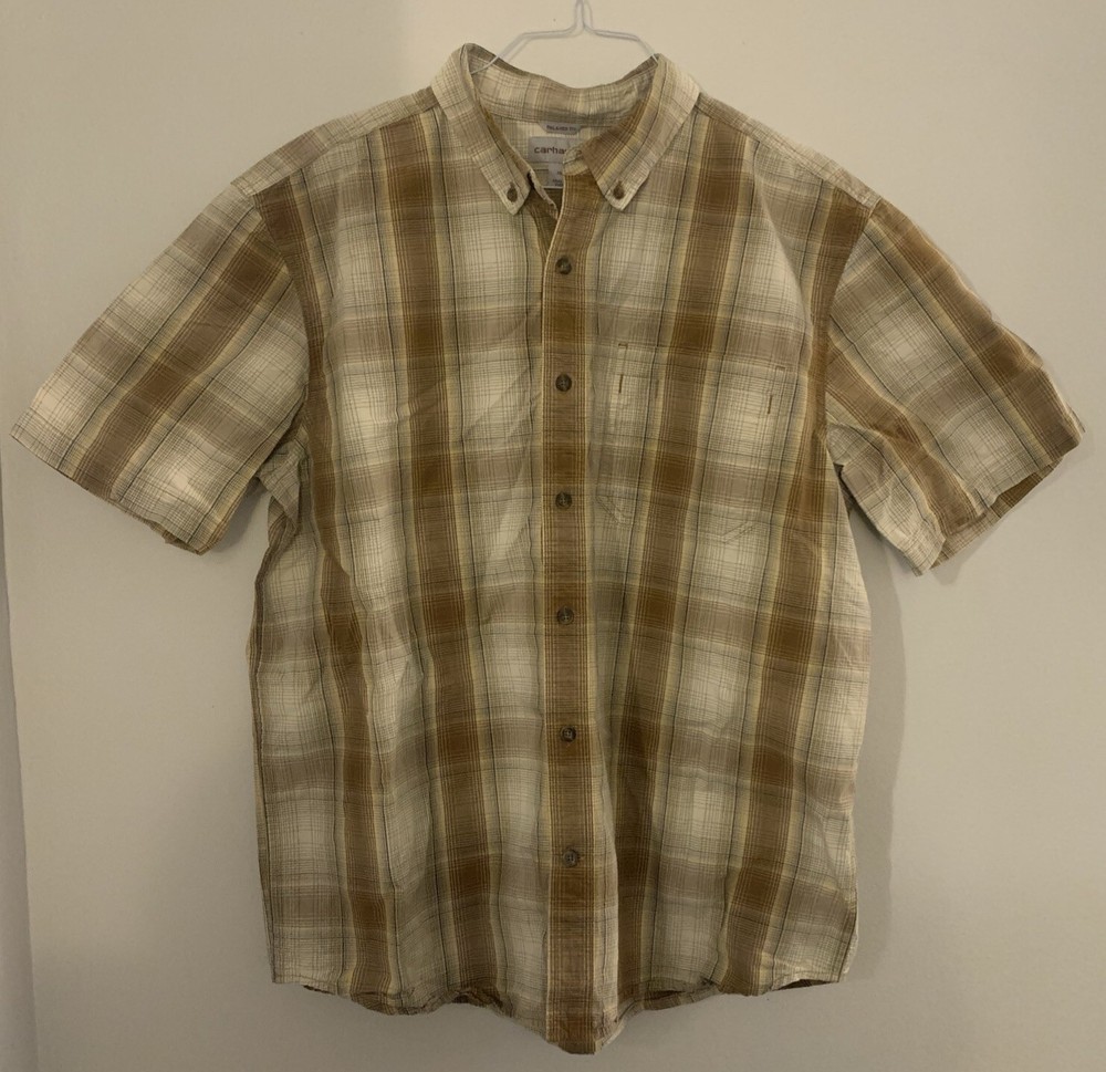 Carhartt Men’s Beige Plaid Button Down Short Sleeve Shirt Size XL