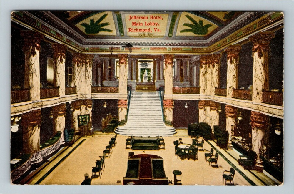 Richmond VA-Virginia, The Jefferson Hotel Main Lobby Vintage Souvenir Postcard