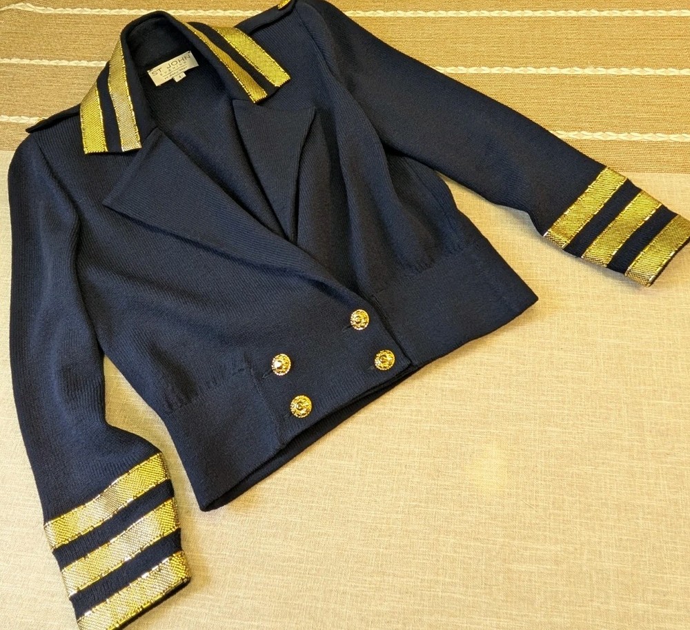 ST. JOHN By Marie Gray Size 4 Navy With Gold Embellished Jacket