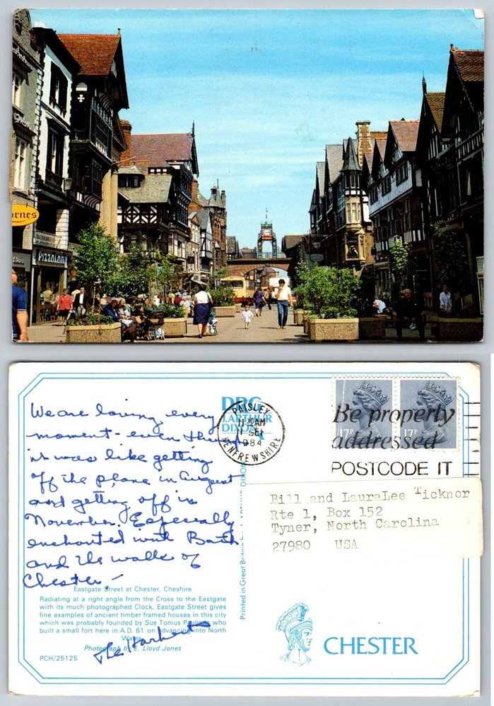Vintage Chester England Postcard Eastgate Street Clock 1984 UK Travel