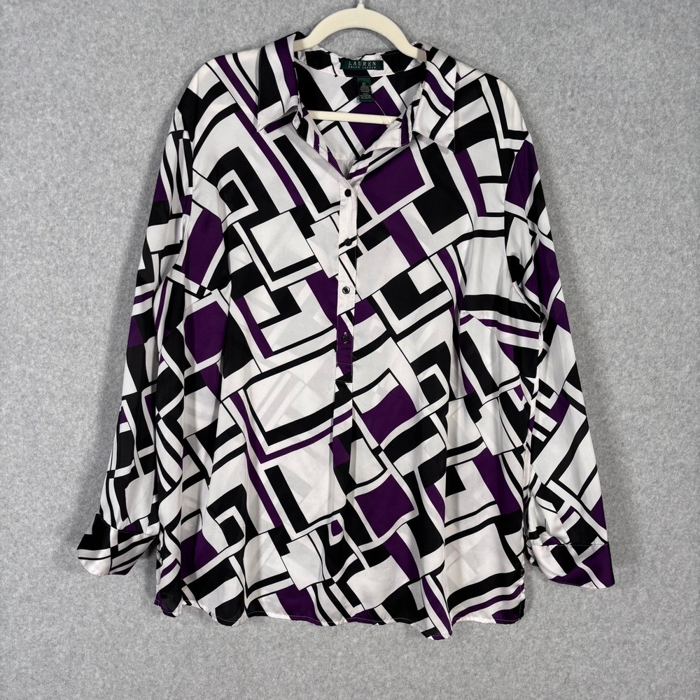 LRL Ralph Lauren Satin Button Up Blouse 2X Purple Tunic Artsy Abstract Maximal