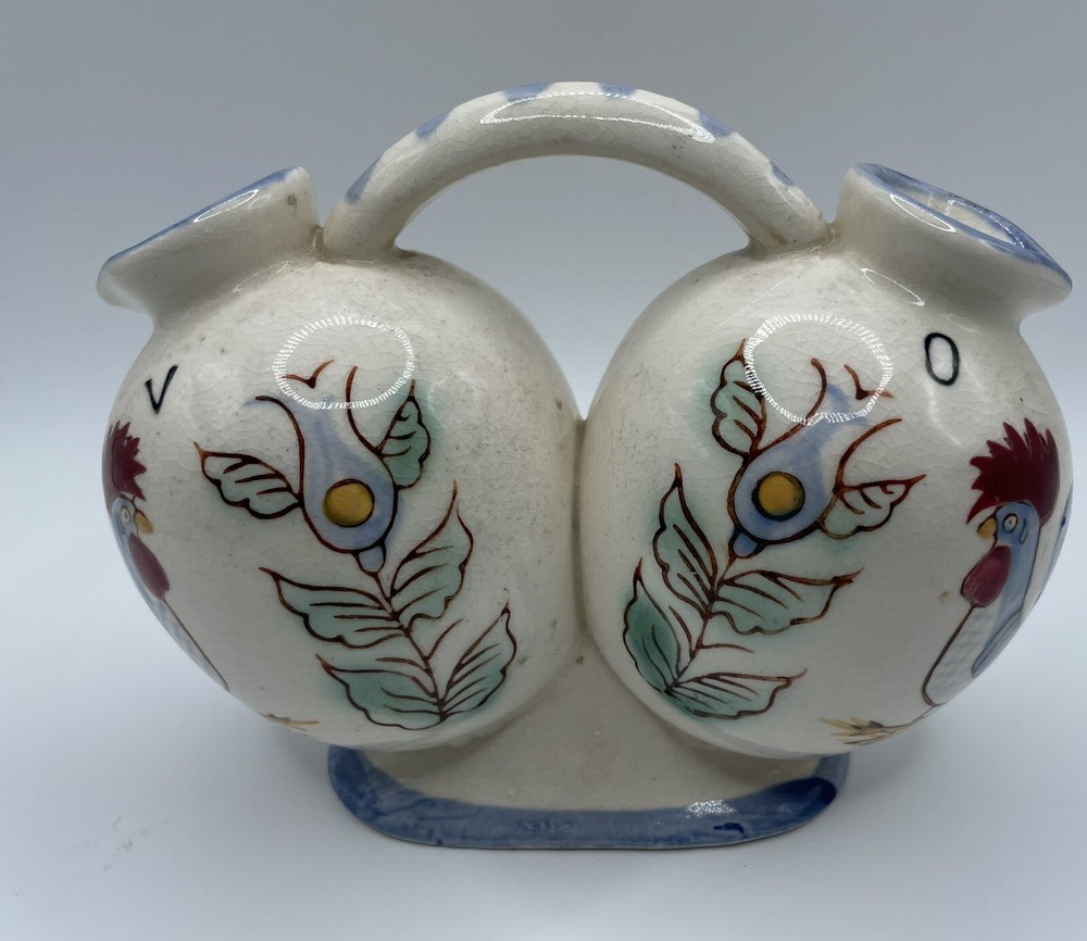 Vintage Nasco Oil and Vinegar Cruet Hand Painted Rooster Floral Farm No Stoppers