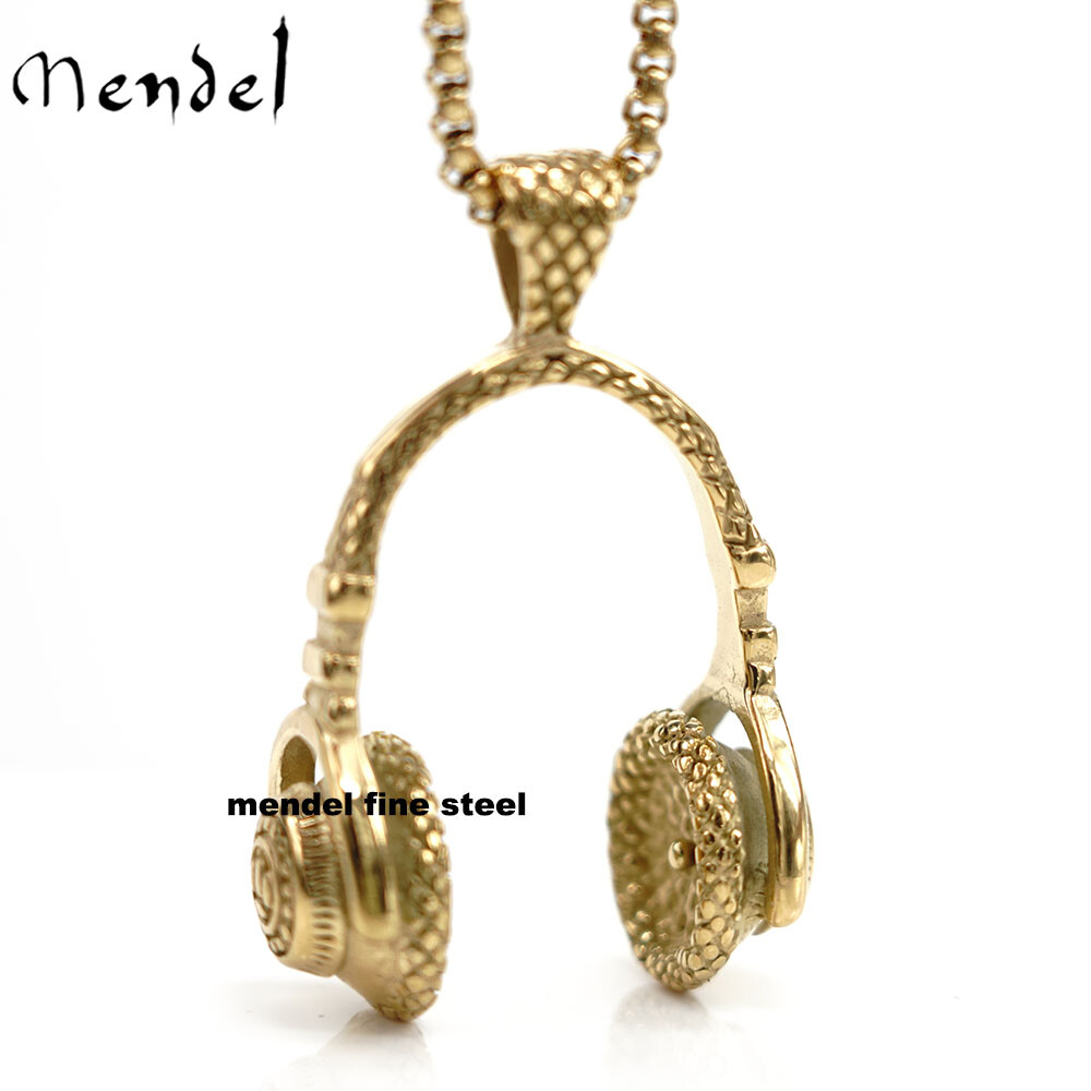 MENDEL Mens Gold Plated Hip Hop DJ Headphone Pendant Necklace Stainless Steel