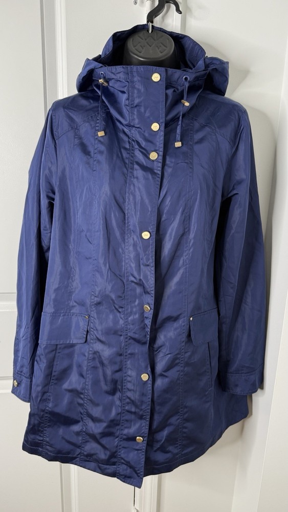 Jones New York Women’s Hooded Rain Jacket Coat Navy Blue Size M