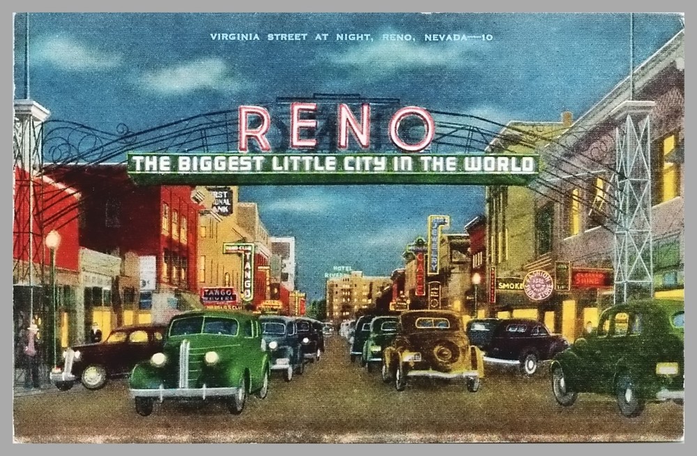 Virginia Street At Night Reno Nevada Linen c1940 Vintage Cars Signage Postcard