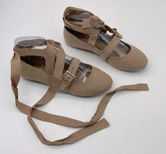 New Bamboo Cantel Tan Ballet Flat Shoes Ribbon Lace Tie Ankle Shoes Size 7.5
