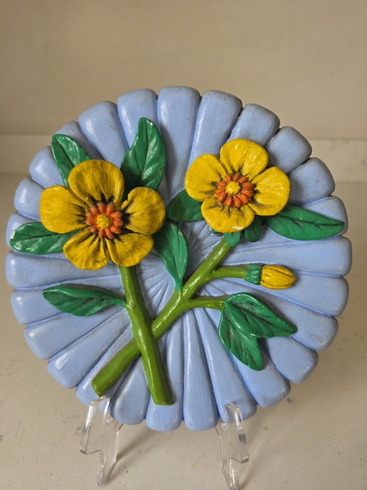 VTG MCM Handmade Hand Painted Pottery 3D Raised Hanging Wall Plaque Flowers 8
