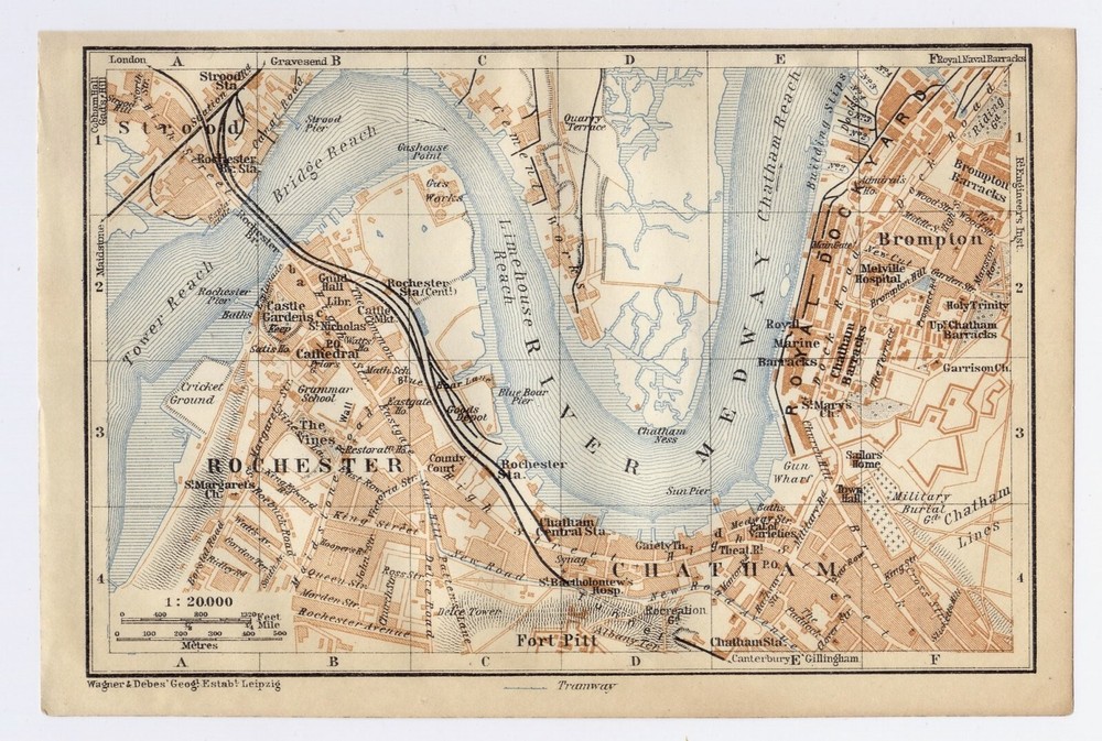 1910 Antique City Map Of Rochester / Chatham / Medway / England