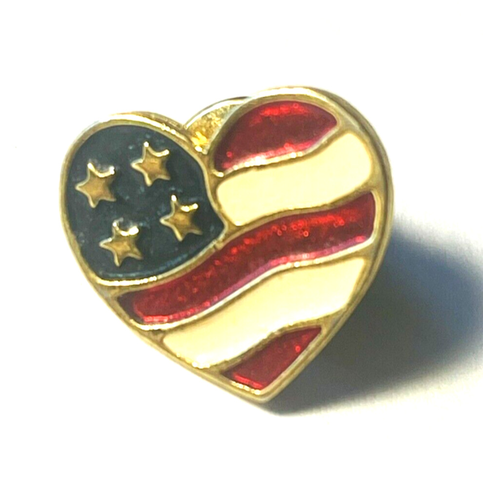 Vintage Avon American Flag Heart USA Lapel Pin Gold Tone Enamel Patriotic Gift