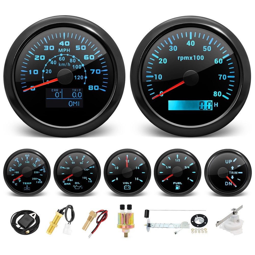 85mm GPS Speedometer 80MPH Tachometer 8000RPM 7-Gauge Set with Senders