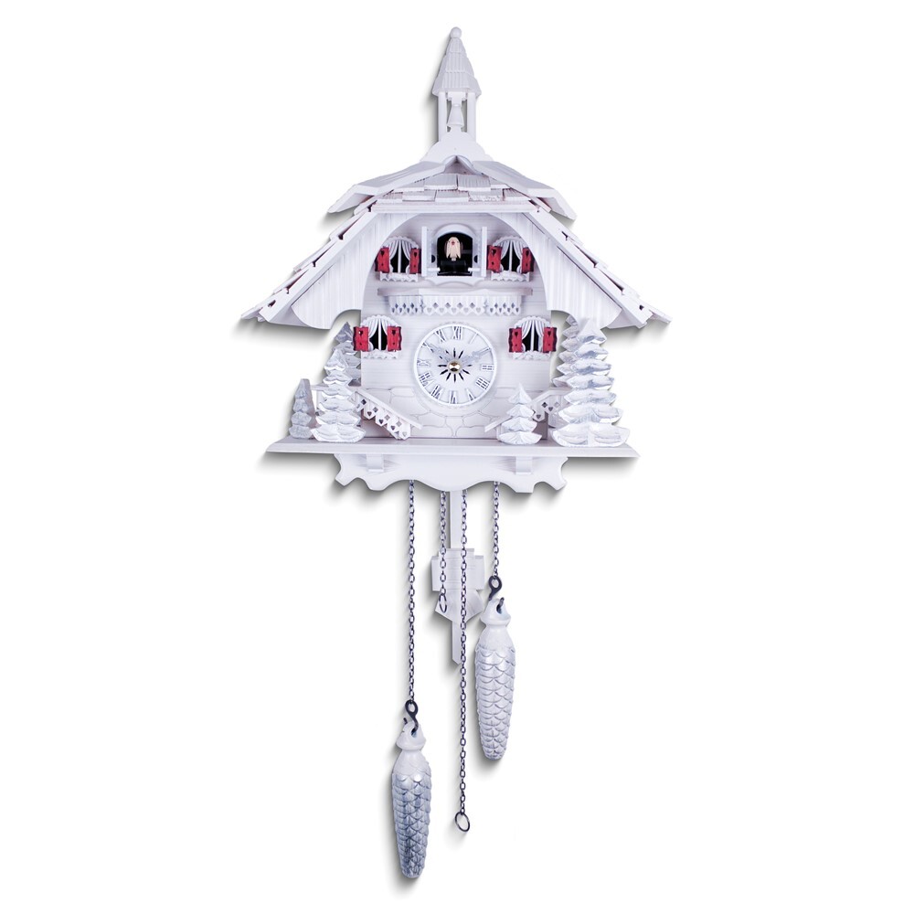 White Cottage with Pine Trees 13 inch Wood Cuckoo Clock Made in Germany
