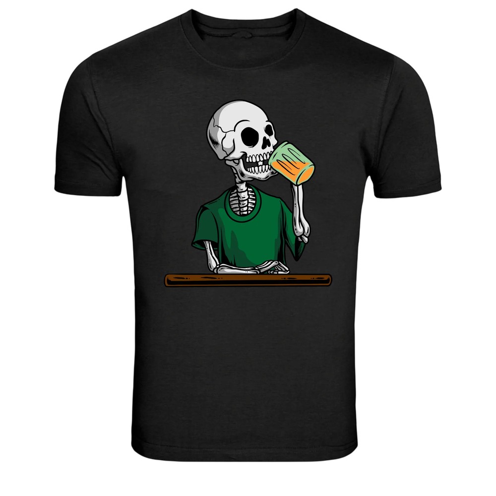 Skeleton Drinking Beer Funny Bar Humor Graphic T-Shirt