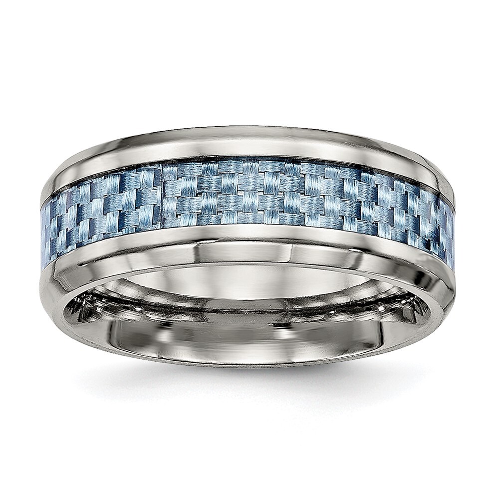 Titanium Polished with Light Blue Carbon Fiber Inlay 8mm Band Ring Size 8