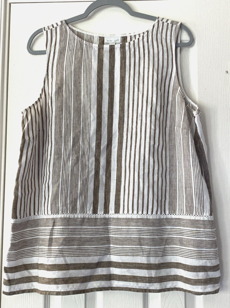Womens J Jill Love Linen Brown White Striped Sleeveless Top Large Beach Coastal