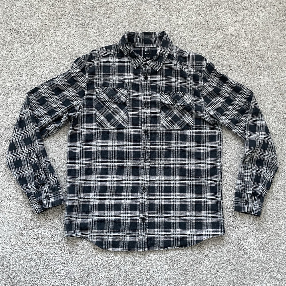 RVCA Men’s Black Flannel Shirt Regular Fit Plaid Button Up Long Sleeve LARGE Y2K