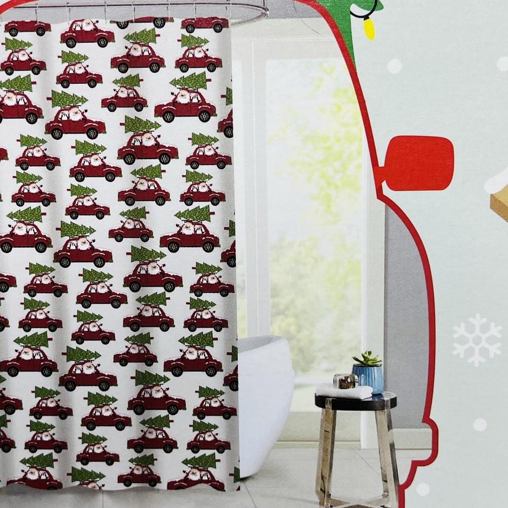 Holiday Road Shower Curtain 72”x72” Christmas Trees Truck Plaid Red Black White