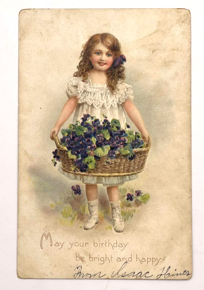 Girl Holding Basket of Violets Birthday Tuck's Postcard