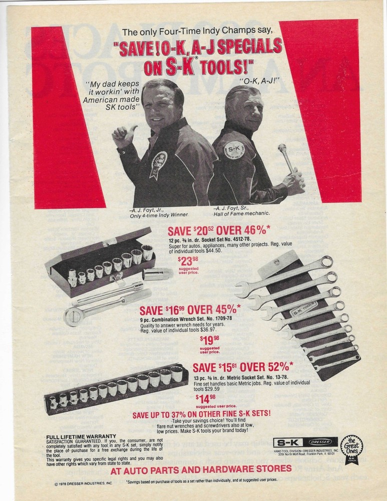 A.j. Foyt Sr. / A.j. Foyt Jr.   S-K Tools   Original Print Ad